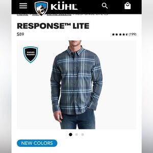 Kuhl Response Light Long-sleeved performance shirt with snaps. Blue